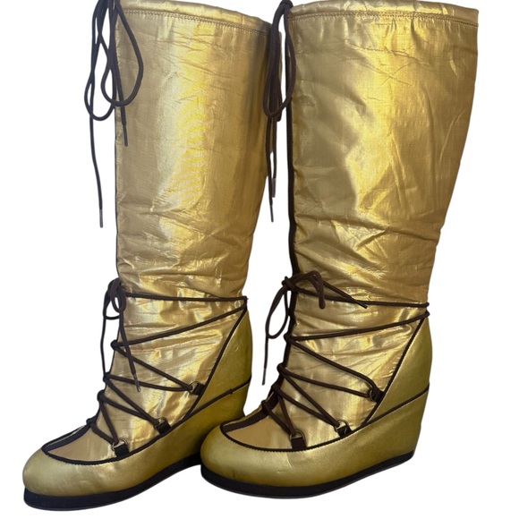 Vintage Colin Stuart Metallic gold Brown Lace Wedge Moon Boots Knee High 6.5 - Picture 2 of 15
